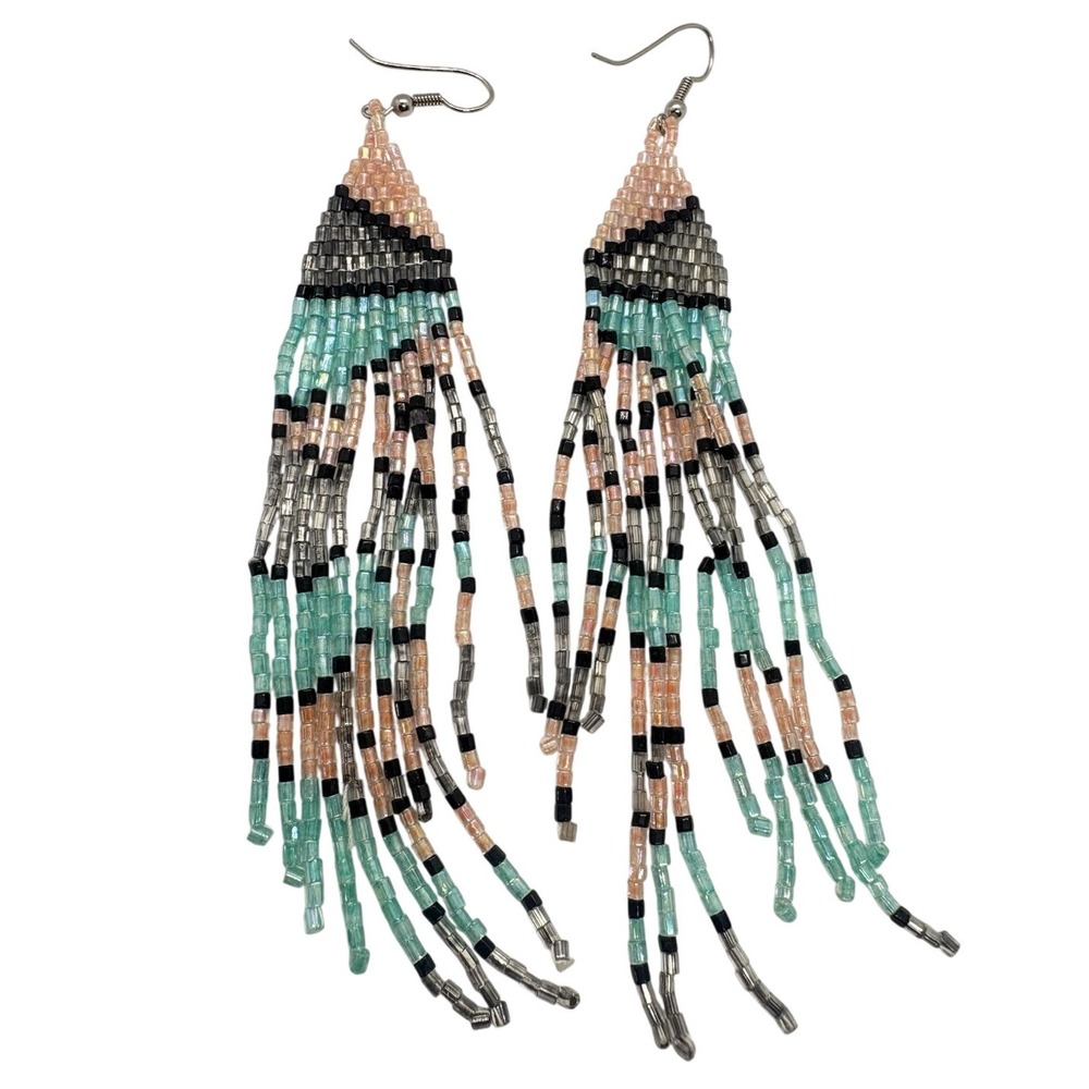 Southwest Style Seed Bead Dangle Drop 5'' Earrings Pierced Statement Bold Boho